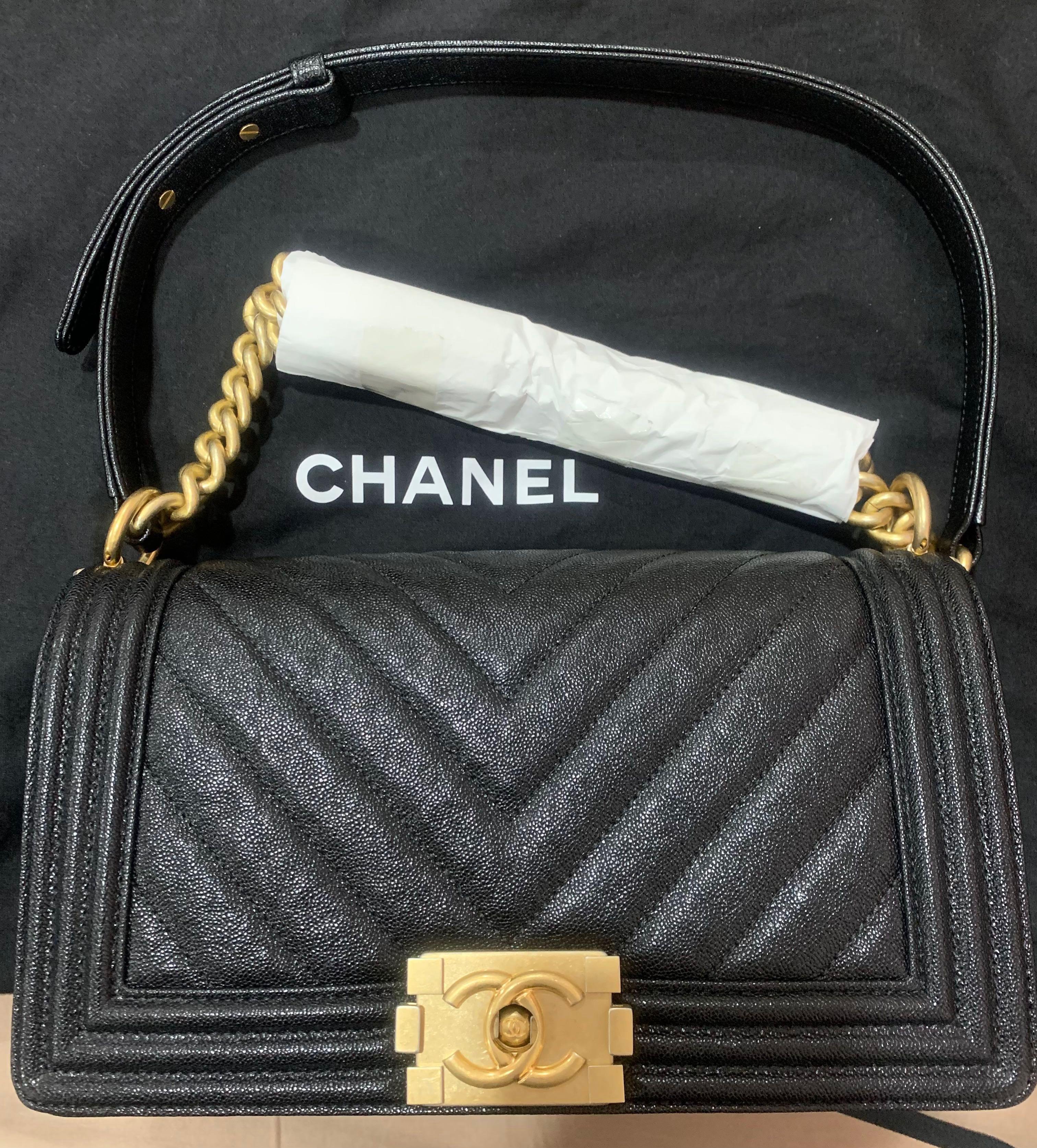 Full Set Chanel Boy Chevron Medium Black Caviar Bag Gold Hardware