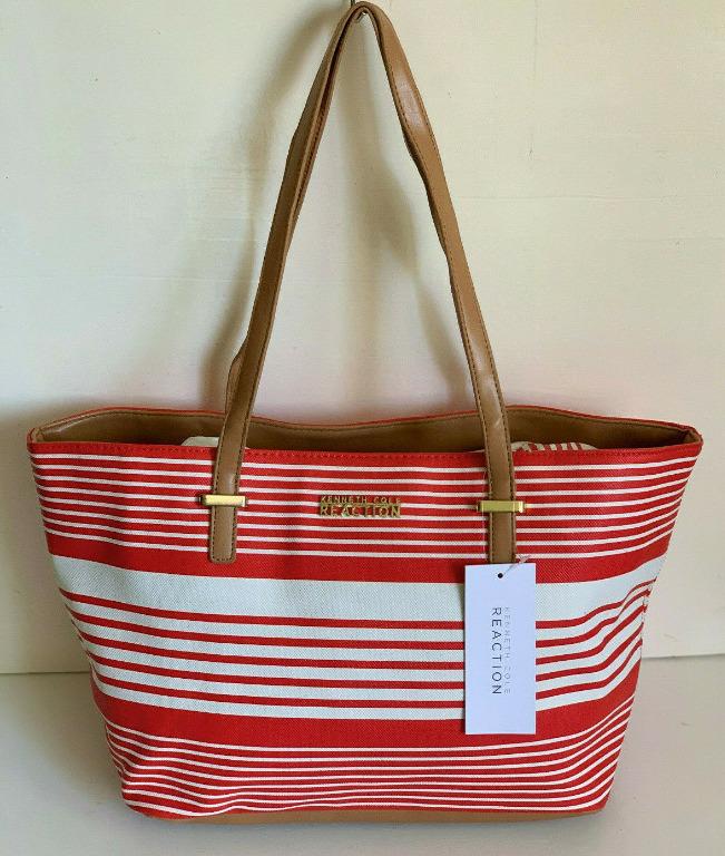 KENNETH COLE REACTION DUPLICATOR STRIPE PERSIMMON WHITE SHOPPER