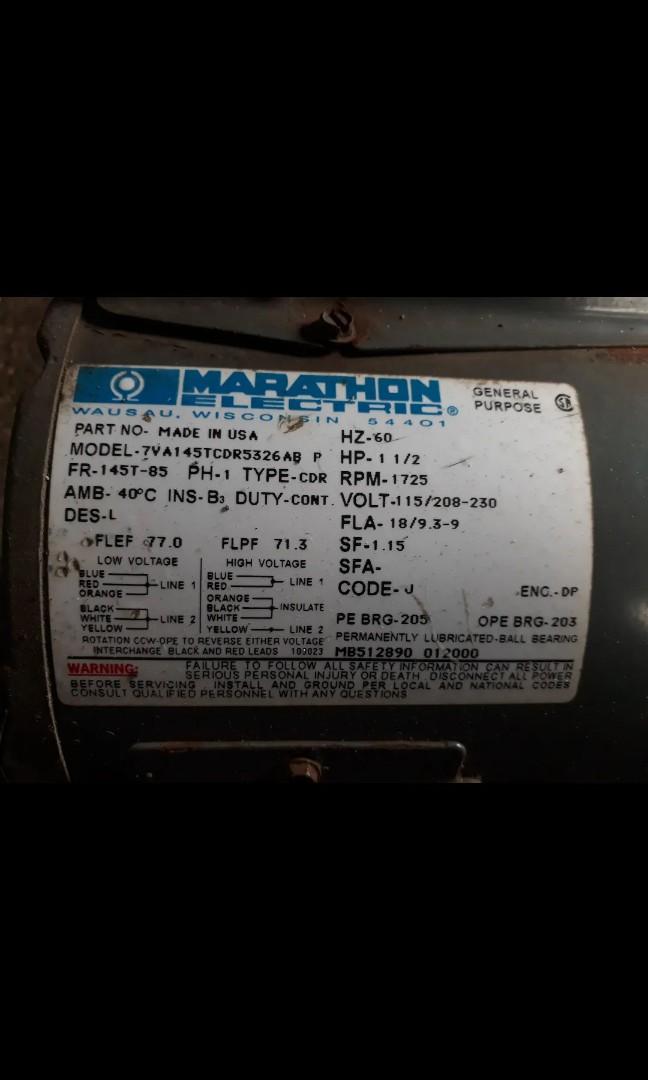 MARATHON ELECTRIC Motor 1.5hp 220volt, Commercial & Industrial