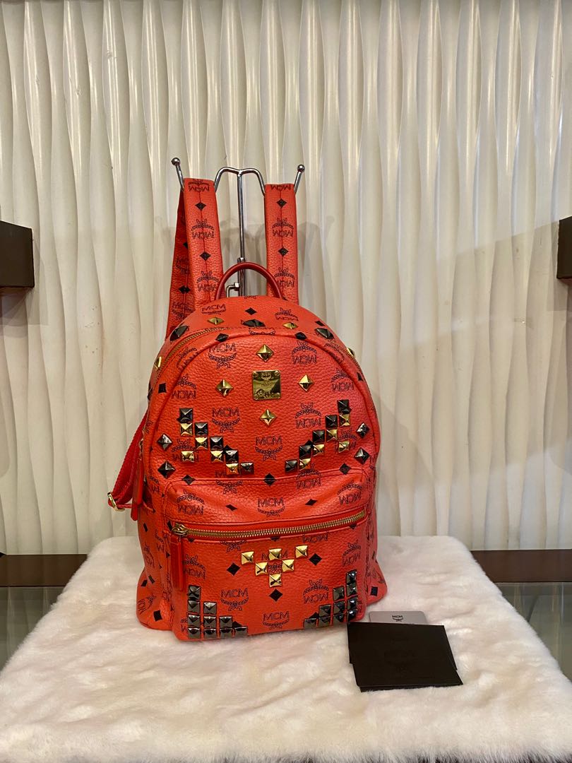 Mcm red studded backpack top