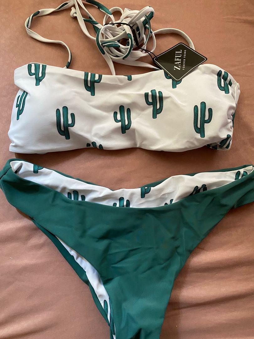 Zaful Cactus Tie Shoulder Reversible Bikini Set Women s Fashion