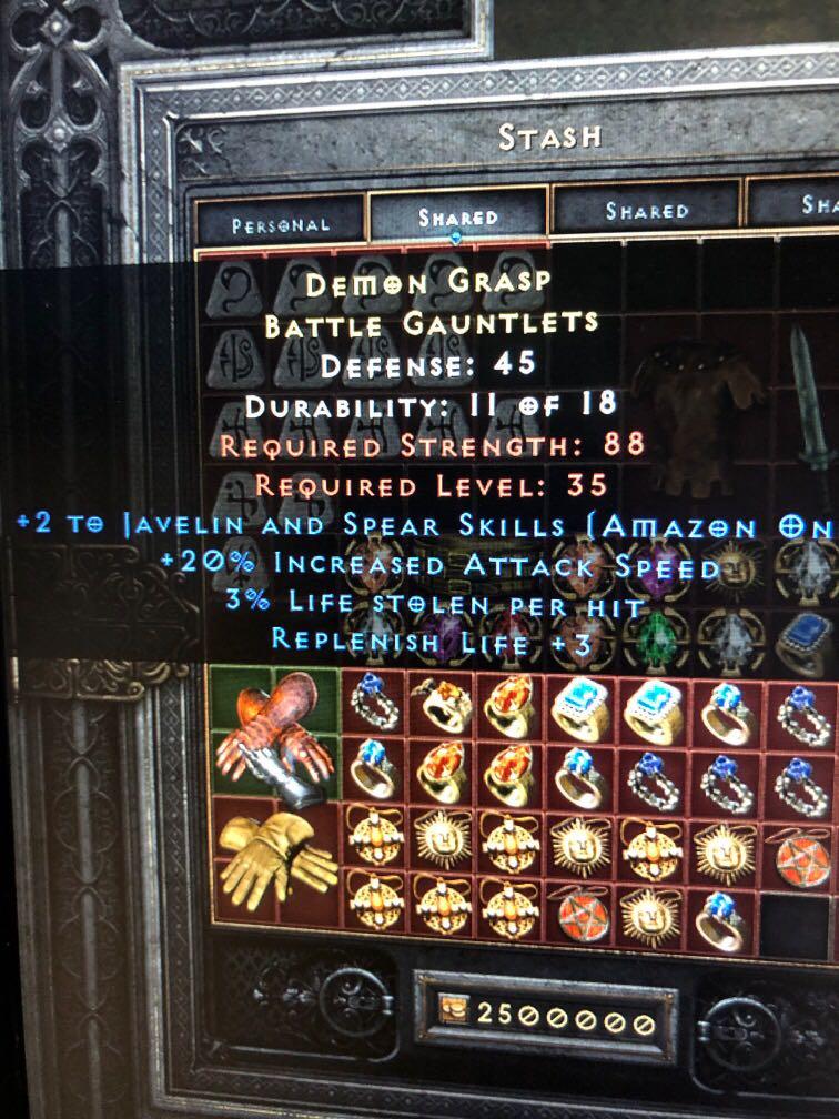 2/20/3 LL Javelin gloves d2r Diablo 2 resurrected, Video Gaming, Video