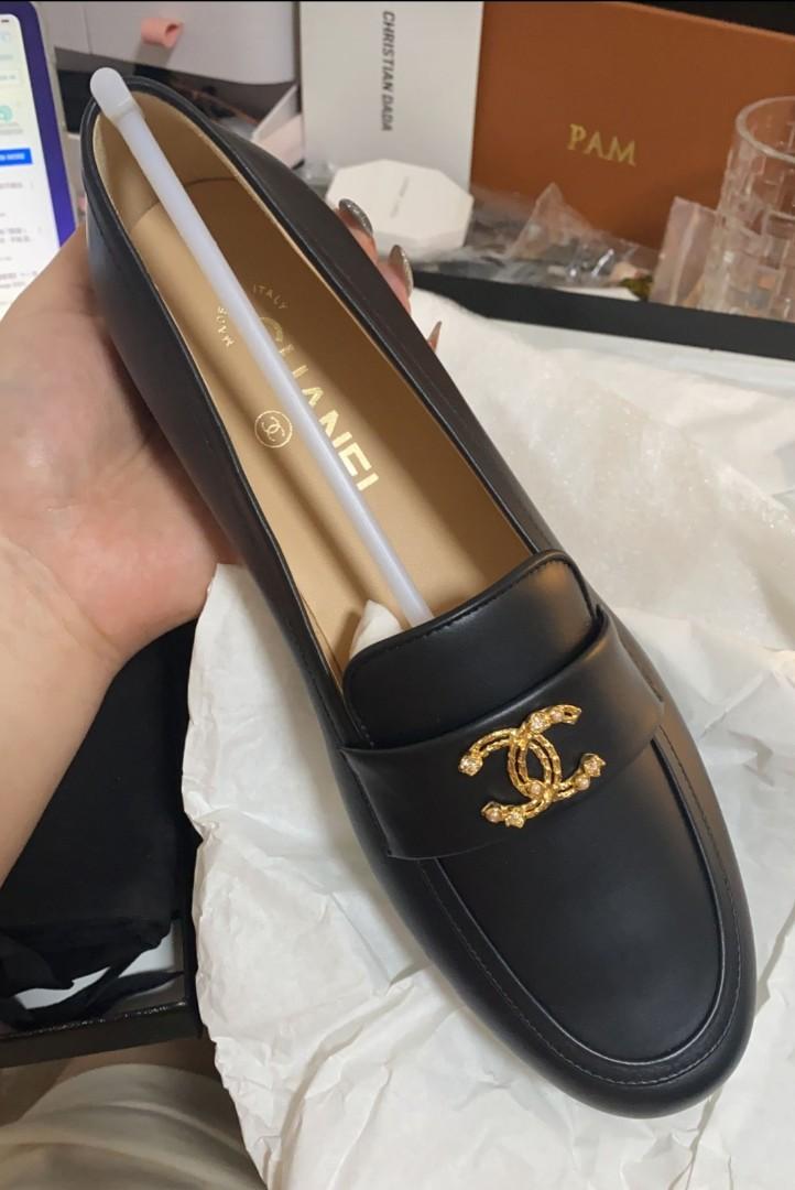 CONSIGNMENT CHANEL LAMBSKIN CRYSTAL CC LOAFERS STEAL
