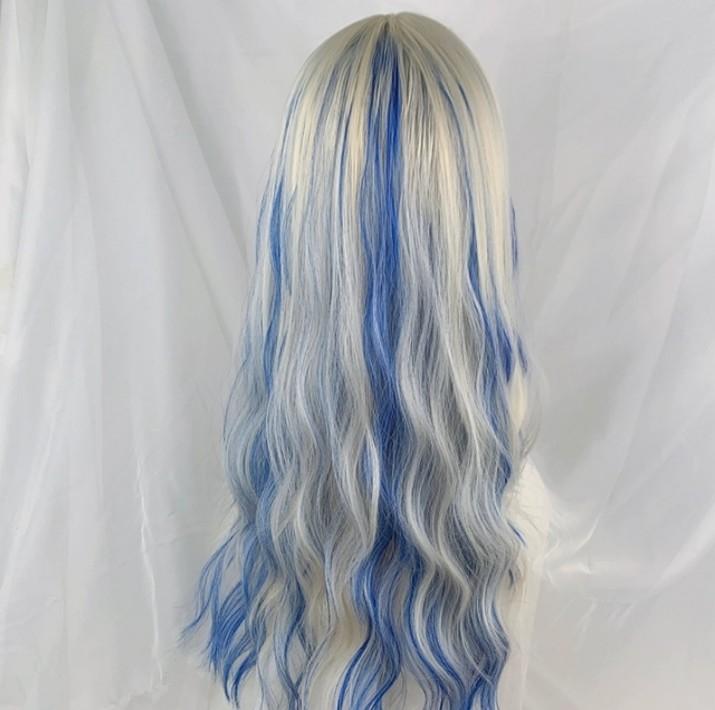 INSTOCK] Korean Blonde Blue Highlights Curly/Wavy Long Hair Wig  Adjustable/Breathable, Beauty & Personal Care, Hair on Carousell