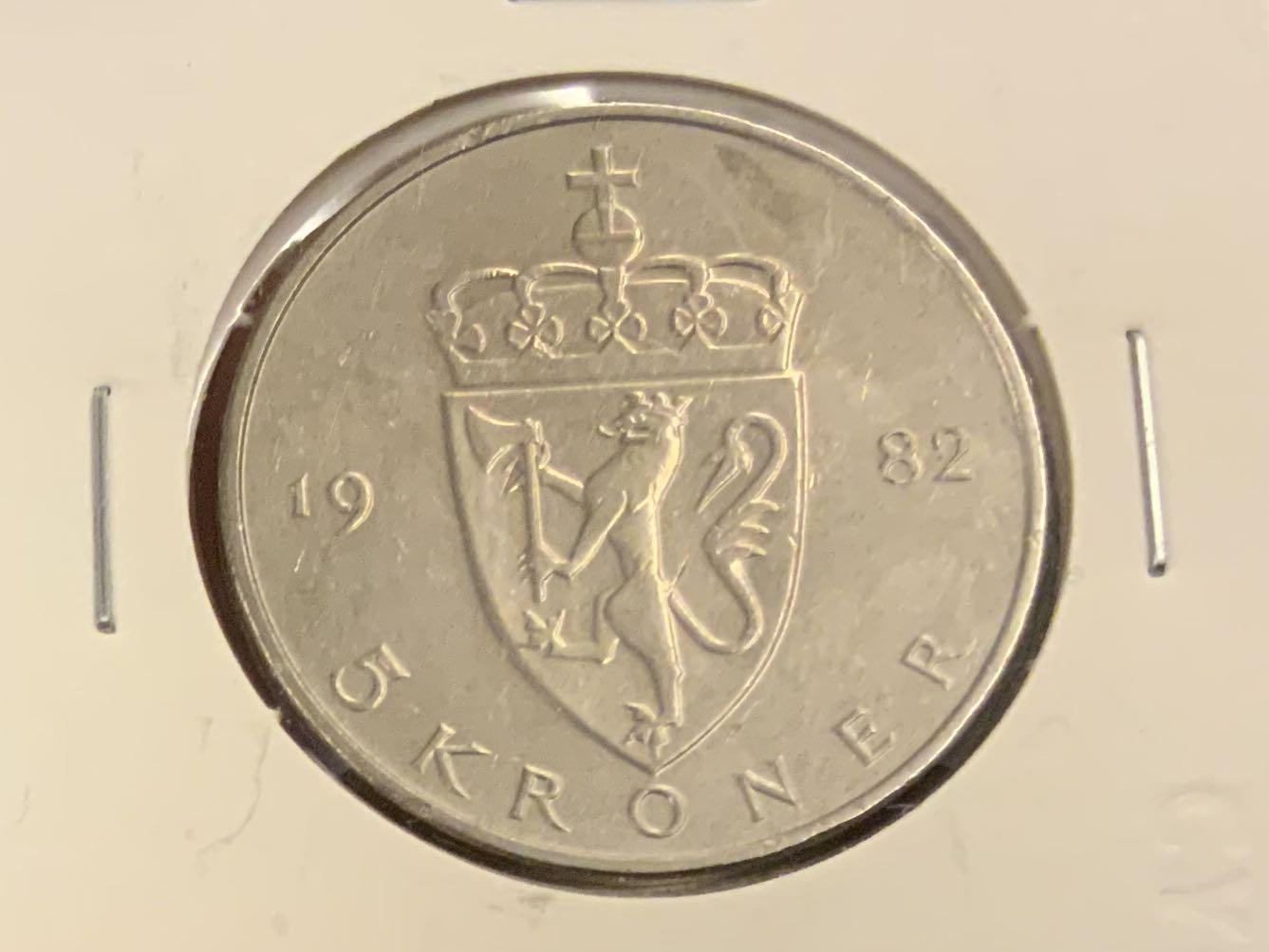 Norway 挪威-5 Kroner 1982 硬幣, 興趣及遊戲, 收藏品及紀念品, 錢幣- Carousell