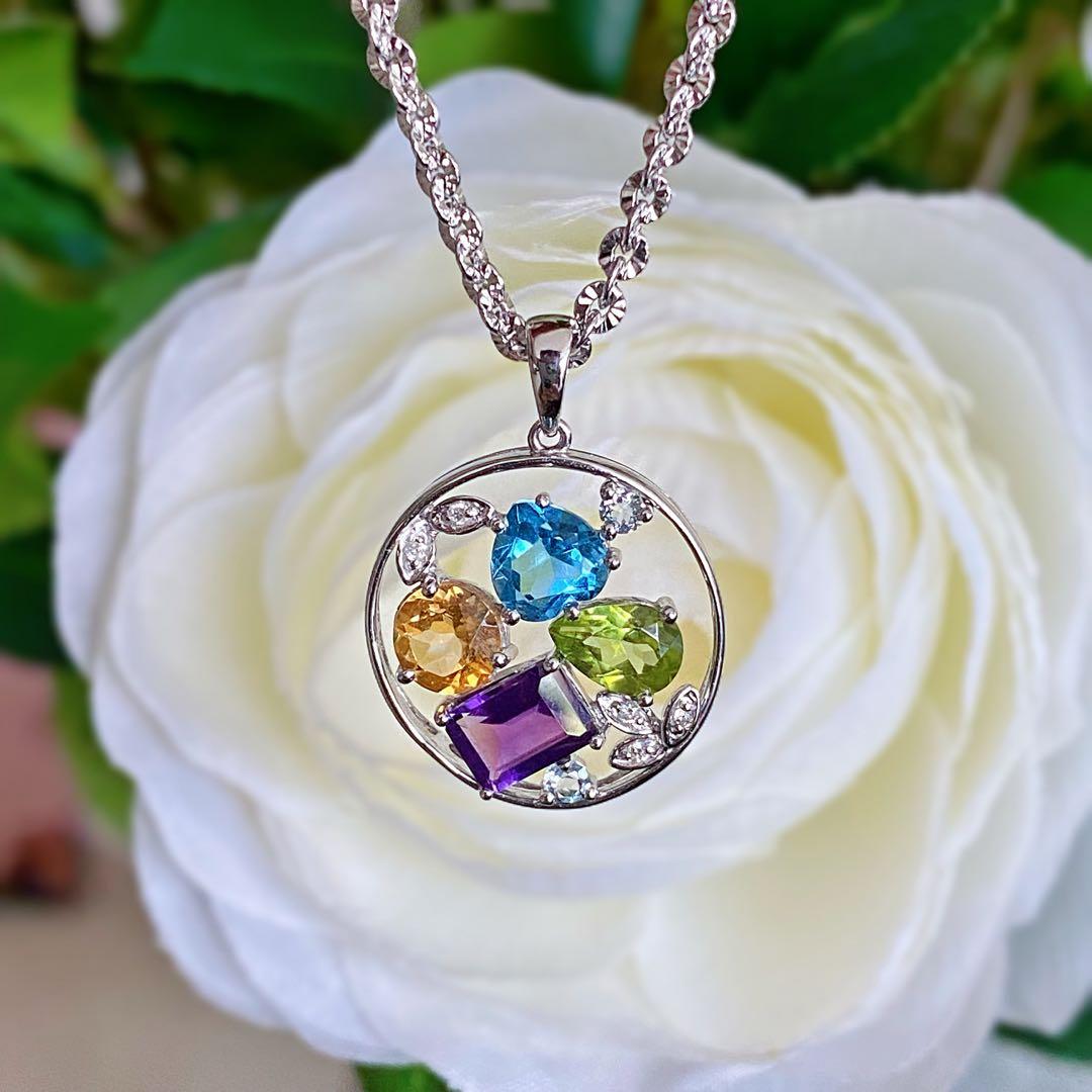 SUPER DEAL Multicoloured semi precious gemstone pendant 18k white gold