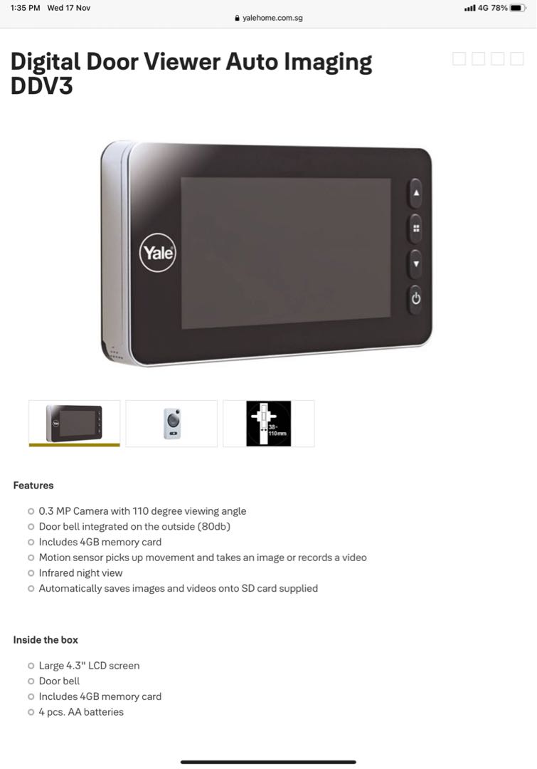 Yale Digital Door Viewer Auto Imaging DDV3, TV & Home Appliances, Other