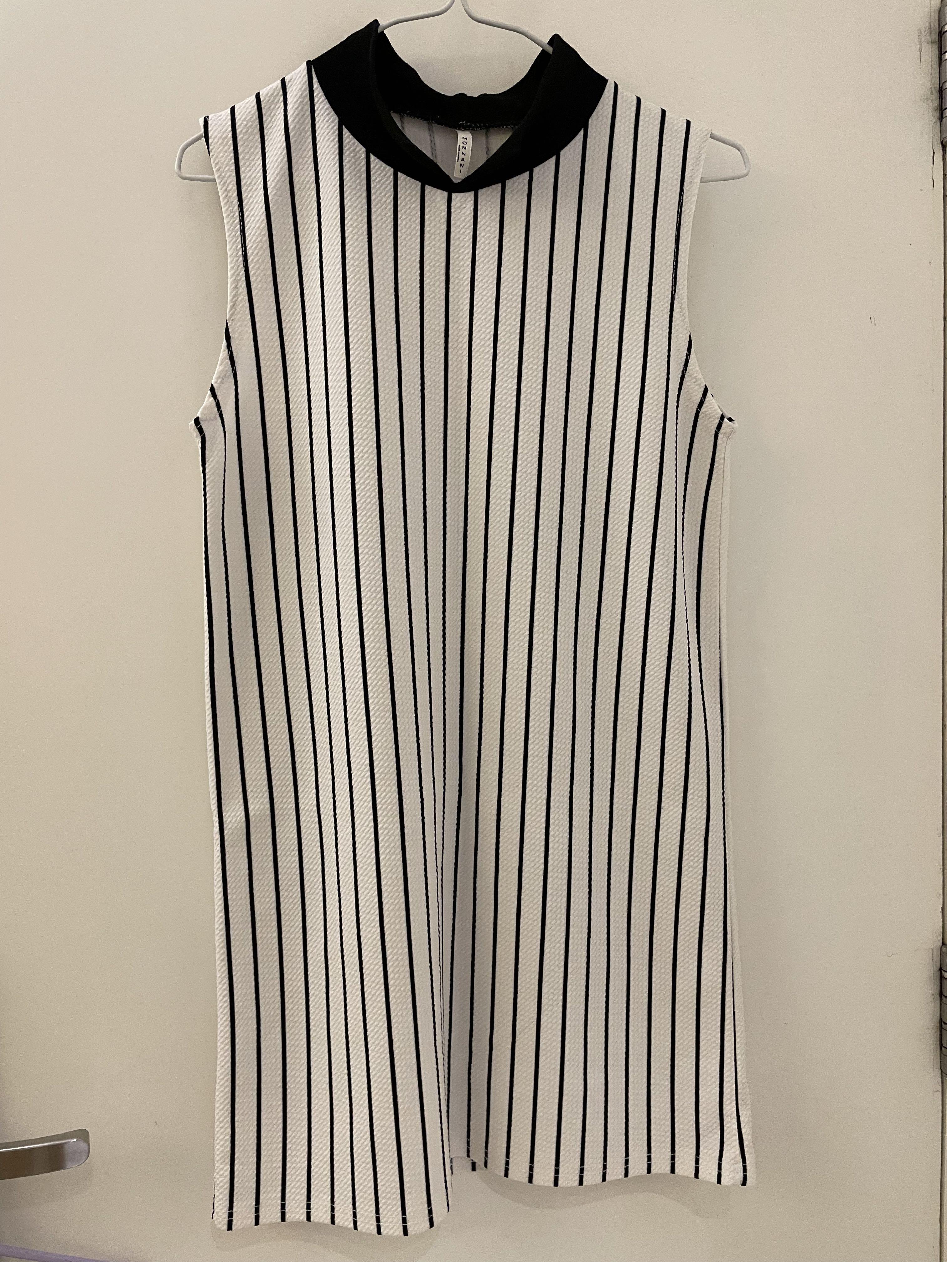 Striped One Piece Sleeveless Dress with Collar 直間條紋有領背心連