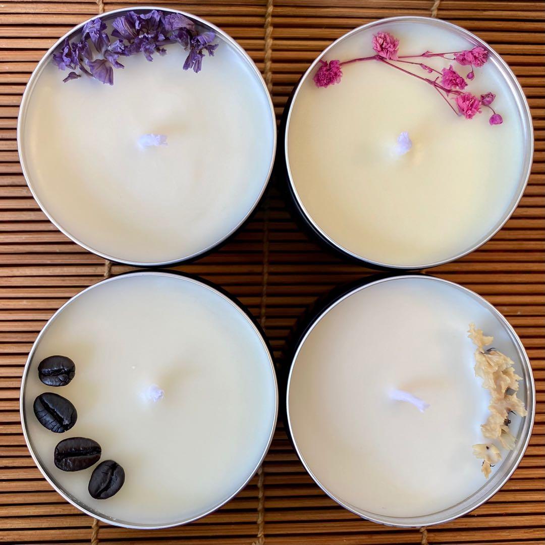 PRE-ORDER: Scented Candles in 80g tin can (Category: Home Fragrance) located in Muntinlupa City. Submitted by itsraas (Listing ID 1126512643, Image 2). Description: Hand Poured Scented Candles * Soy and Beeswax Blend * 80g tin can (gold available) Scents to choose from: 💚Fresh Bamboo 🩵Ocean Mist 🤍Jasmine & Green Tea 💜Lavender Flowers & crystal designs are for reference. Open for rebranding and bulk orders for special occasions. 1 week curing-