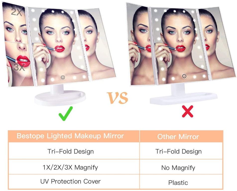 BESTOPE Lighted Makeup Mirror 2X/3X Magnification Vanity Mirror Trifold Make up Mirror Table