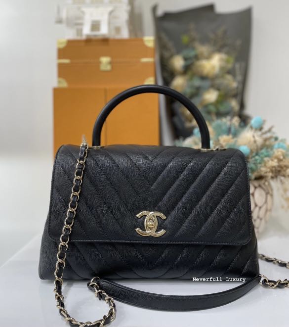 CHANEL Caviar Chevron Quilted Extra Mini Coco Handle Flap So Black