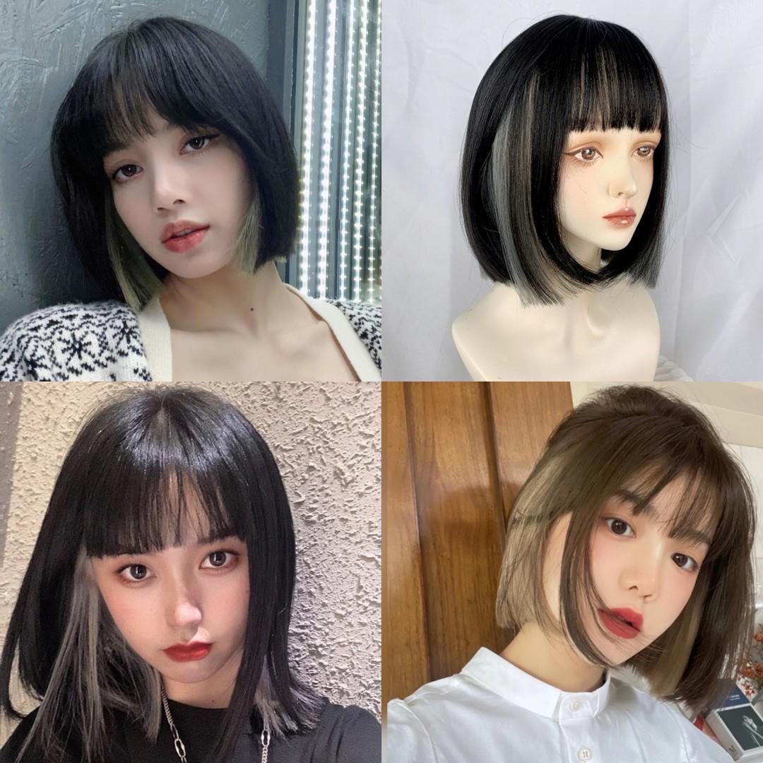 INSTOCK] Korean Blackpink Lisa's Black Cold Brown Grey Blonde Highlights  Airy Bangs Short Bob Hair Wig Adjustable/Breathable, Beauty & Personal  Care, Hair on Carousell