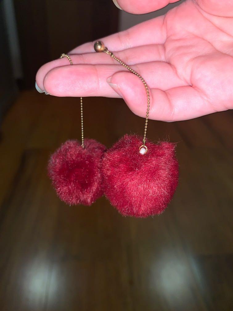Red earrings fluff ball earrings puff ball earrings Women s Fashion Jewelry Organizers Earrings on Carousell