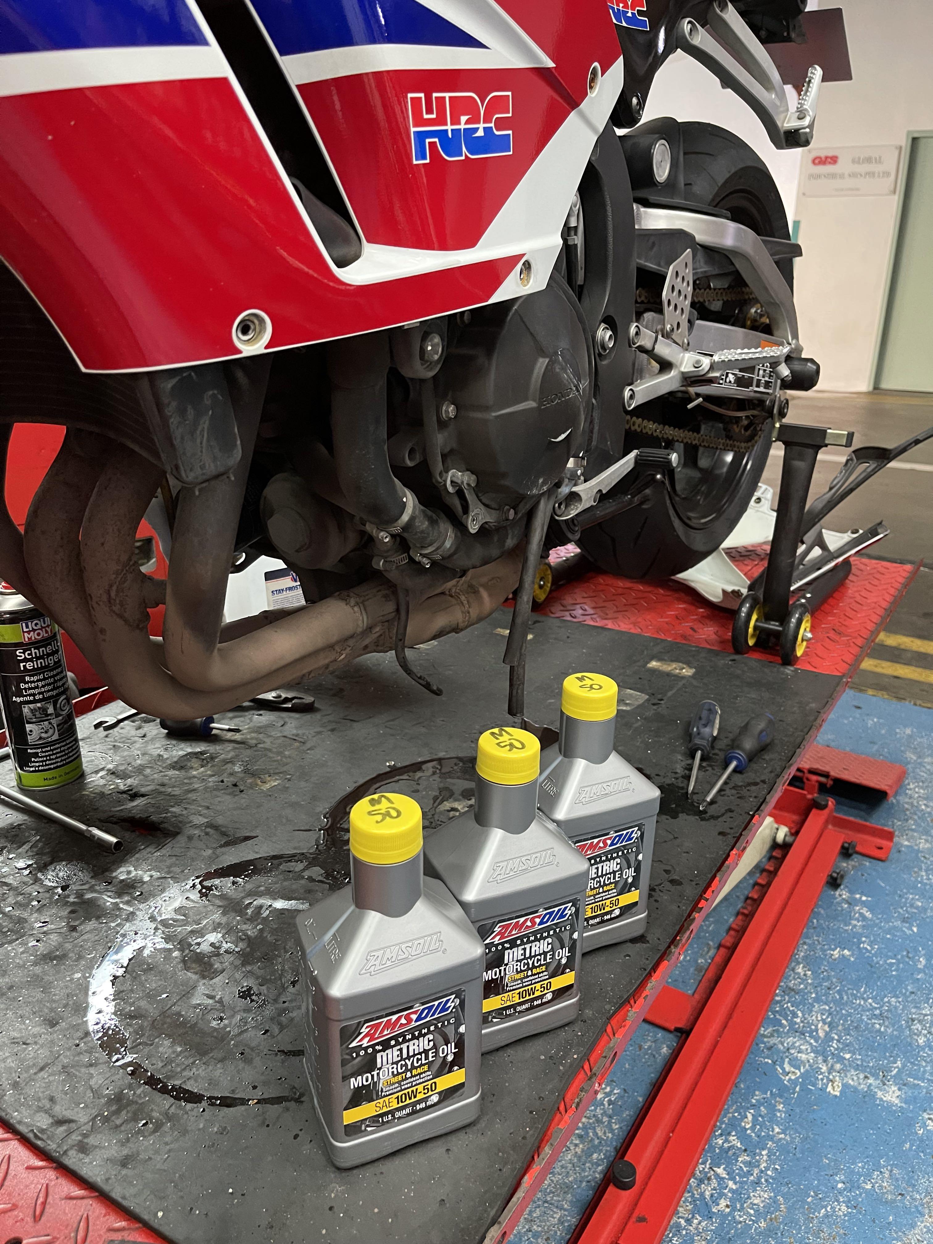 Amsoil Metric 10w50 Oil Change for Honda CBR600 (Category: Motorcycle Accessories) located in Singapore. Submitted by rr_adventuresports (Listing ID 1126709521, Image 1). Description: AMSOIL Synthetic Metric Motorcycle Oil is designed for metric bike owners who demand the absolute best lubrication for their motorcycles. Whether riding aggressively, cruising or in stop-and-go traffic, AMSOIL Synthetic Metric Motorcycle Oil delivers the benefits mo