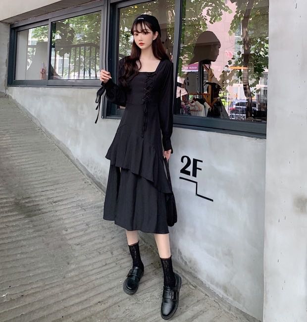 Korean style black discount dress