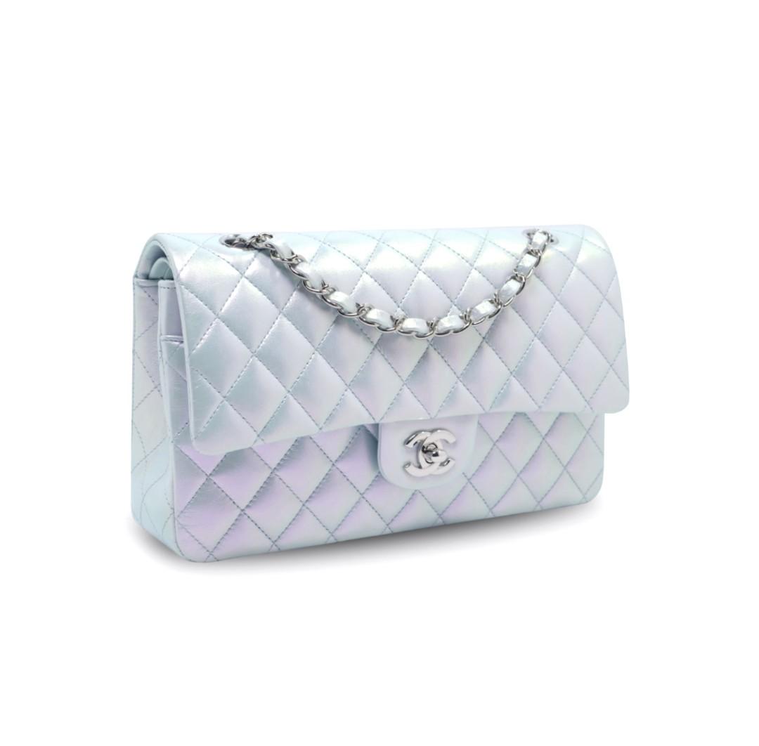 Chanel Flap Bag Medium Silver Iridescent Lambskin, Luxury, Bags & Wallets  on Carousell