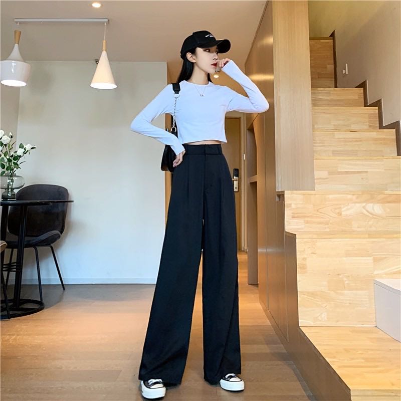 Spring and summer new style narrow wide-leg pants for women Korean style  high-waisted loose straight pants slim casual suit floor-length trousers