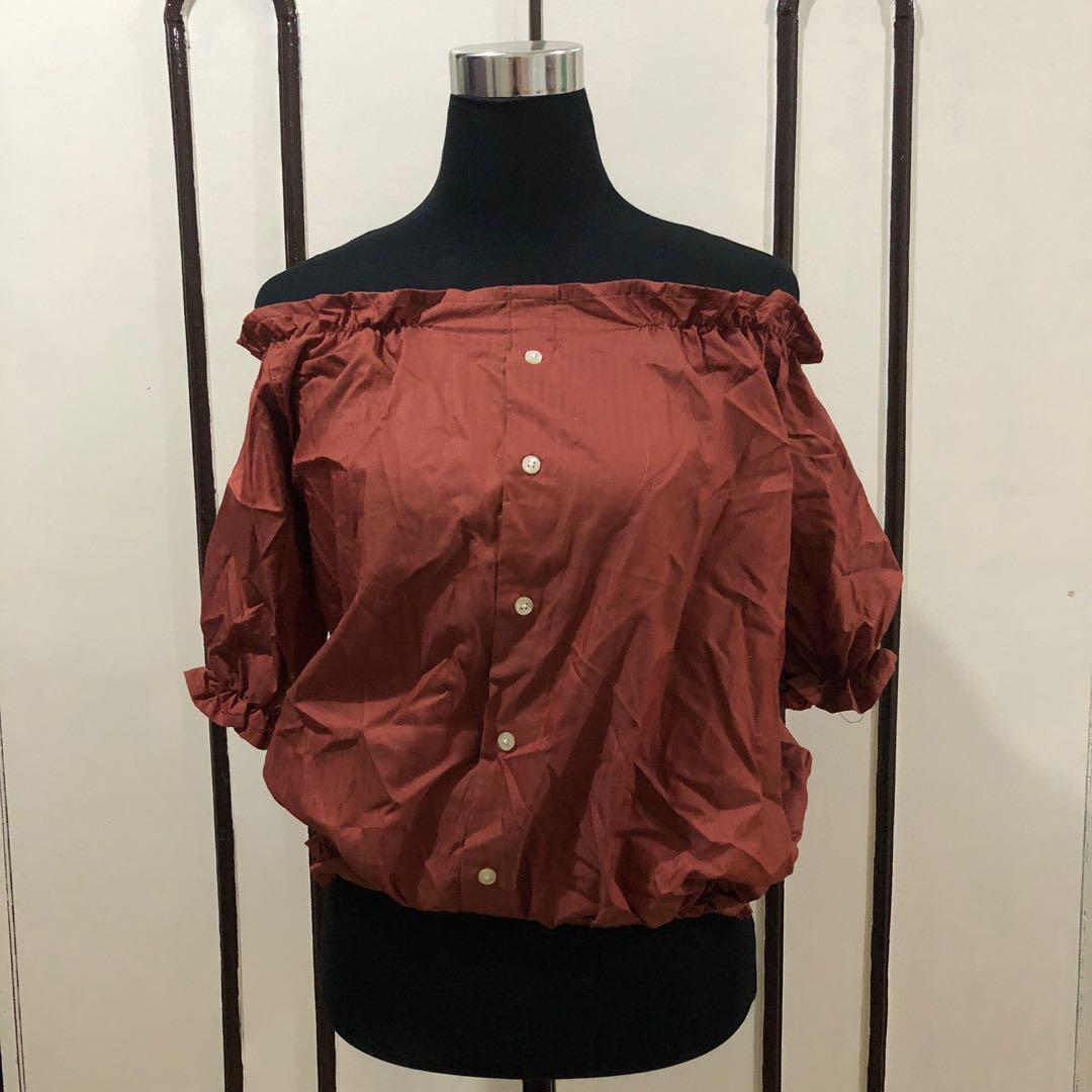 Off the rust shoulder top (free size) (Category: Blouses) located in Marikina City. Submitted by mpaurf (Listing ID 1126570083, Image 1). Description: Decluttering sale! Selling my personal preloved clothes! 🌸 - fits S to L frames - rust color - used once - payment via BDO/GCash - shipping via Lalamove, Grab or J&T - meet-up in Marikina (with handling fee).