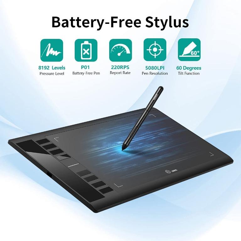 Ugee M708 10 x 6 Graphics Tablet 8192 Pressure Battry-Free Pen Drawing Tablet 