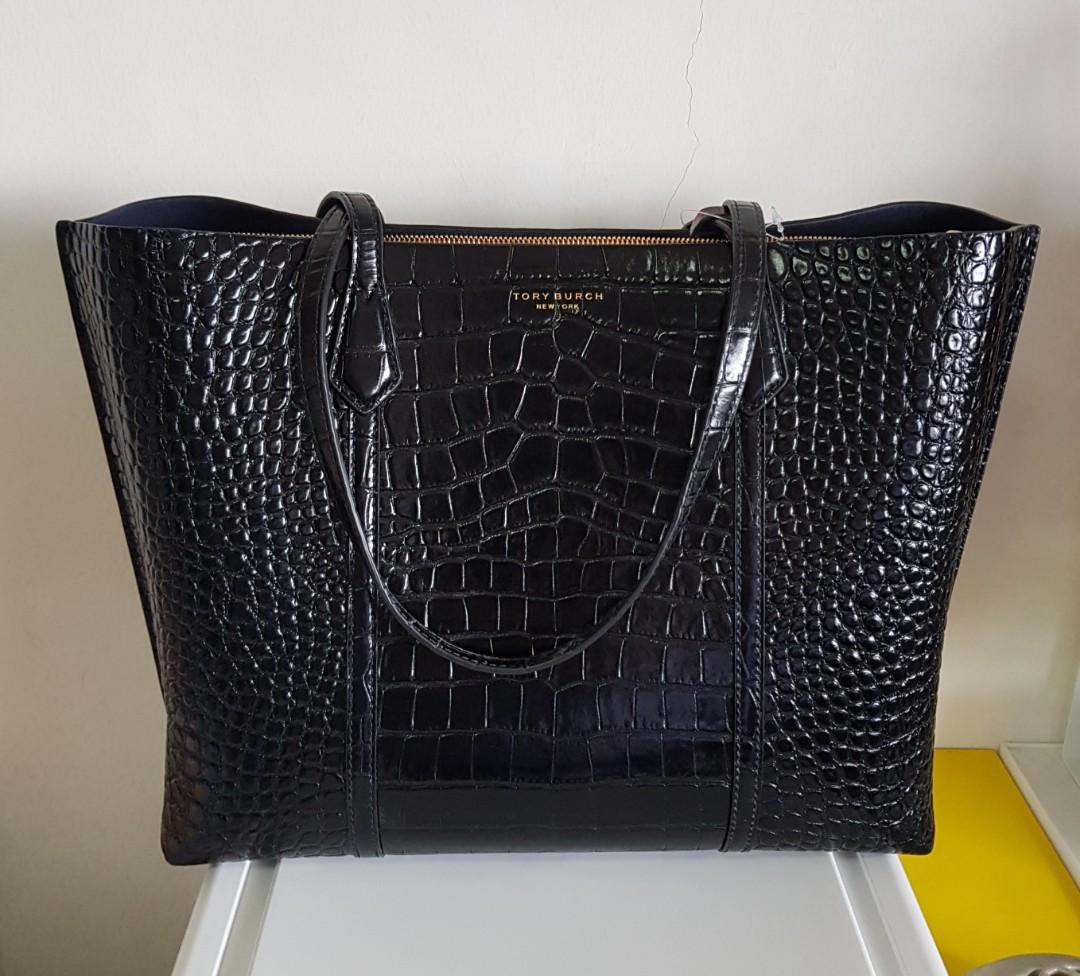 Tory Burch Perry Embossed Triple-Compartment Tote, Black, Women's Fashion,  Bags & Wallets, Tote Bags on Carousell