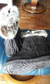 Ugg fur lined fringe trimmed black boots