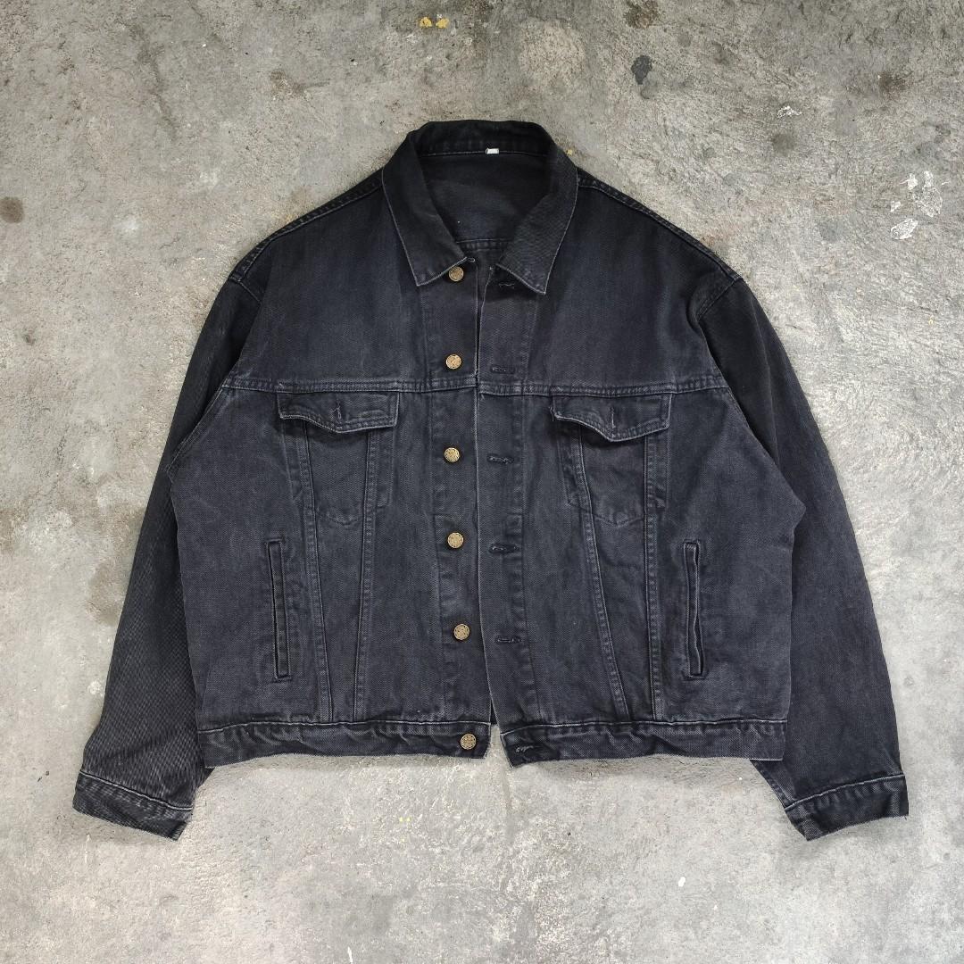 Vintage 90s Workwear Black Denim Jacket Cropped fit, Men's Fashion