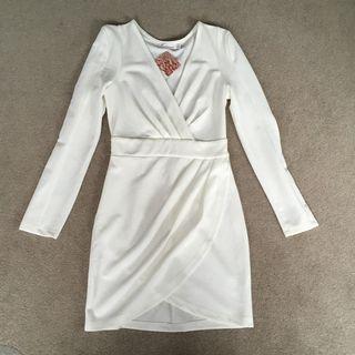 White Long Sleeve V Neck Wrap Dress