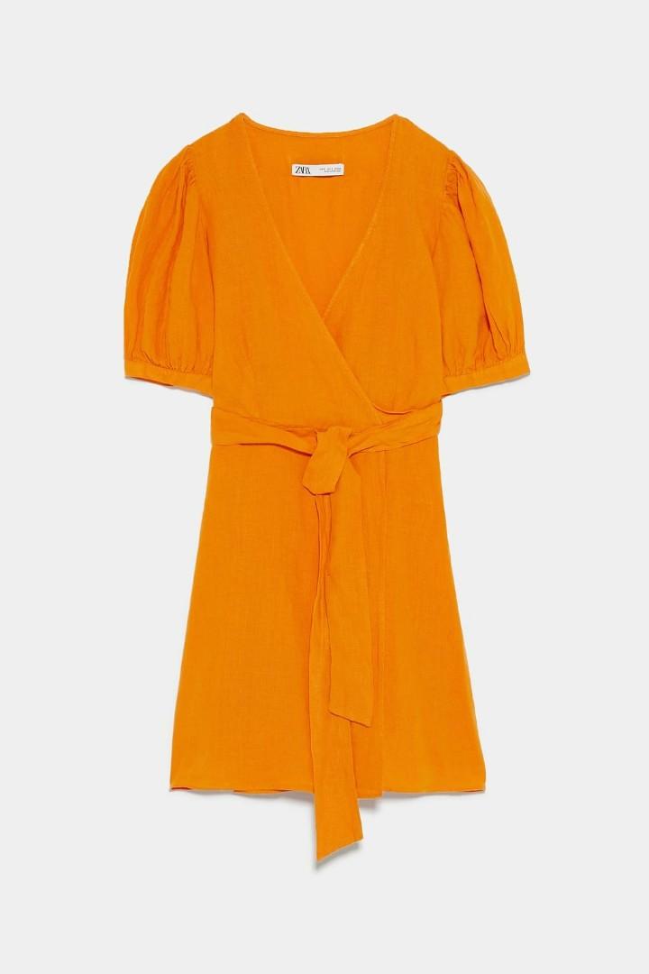 Zara authentic burnt orange wrap puff sleeve v neck wrapped mini a line linen  dress, Women's Fashion, Dresses & Sets, Dresses on Carousell