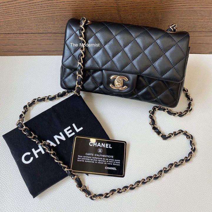 Authentic Chanel Mini Rectangular Black Quilted Lambskin Gold Hardware