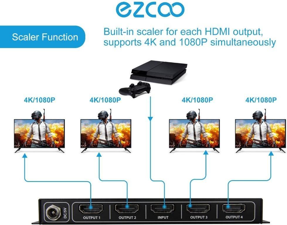 [C1213] ezcoo 4K HDMI 2.0 Splitter HDR Scaler Switch, HDMI Splitter 1x4