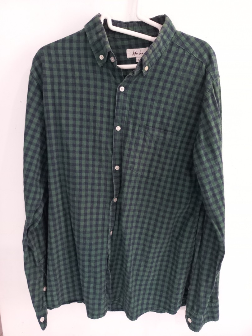 Flannel Shirts Green Navy, Fesyen Pria 