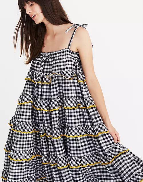 Innika Choo Avens Black Gingham Iva Biigdres Gold Scallop Trim Embroidery  Midi Maxi Dress, Women's Fashion, Dresses & Sets, Dresses on Carousell