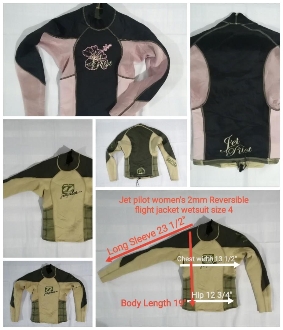Jet Pilot Women's 2mm Reversible flight jacket wetsuit size 4 (Category: Bikinis & Swimsuits) located in Cebu City. Submitted by piyok69 (Listing ID 1123210652, Image 1). Description: P 1,650.00 Good condition Jet Pilot Women's 2mm Reversible flight jacket wetsuit Size 4 Cw 13 1/2" WL 12 3/4" BL 19" Ls 23 1/2".