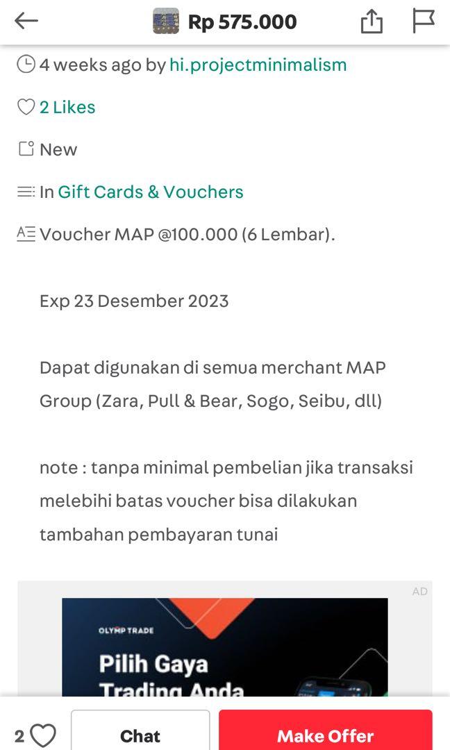 MAP GIFT VOUCHER total 400rb ZARA, Massimo Dutti, Pull&bear, berskha, Stradivarius, dll, Tiket