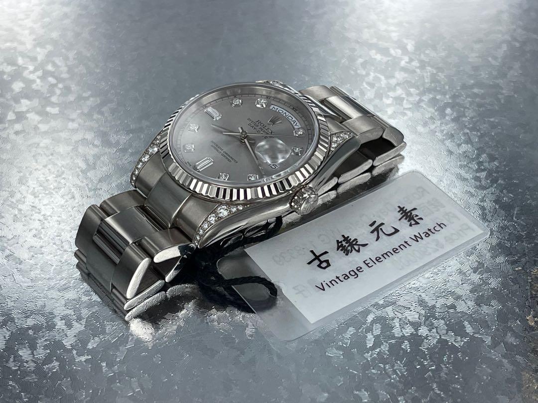 Rolex Day Date WG 118339 銠金屬面．水泡石．白金圈鑽石髀．18K