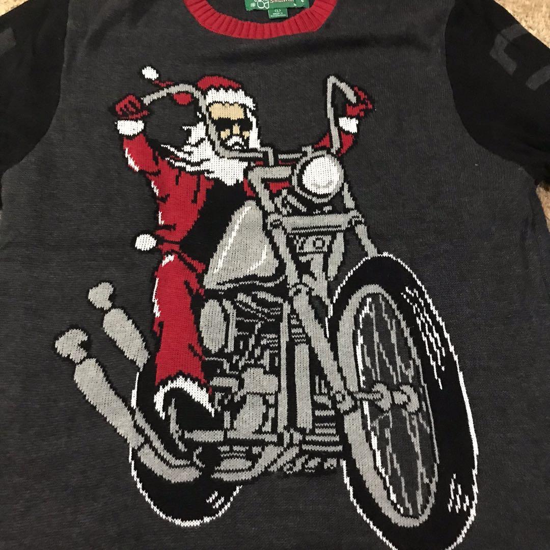 Santa on shop motorcycle sweater