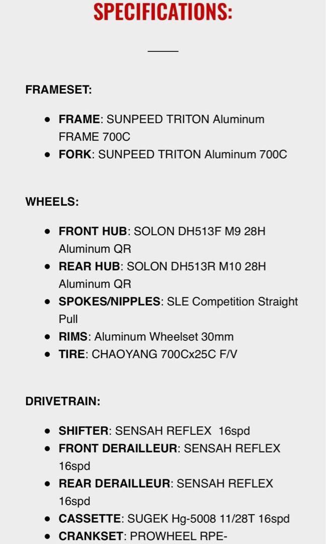 Sunpeed triton 2025 size chart