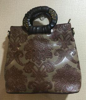 Vintage Tooled Leather Handbag (No sling) with Wooden Handles