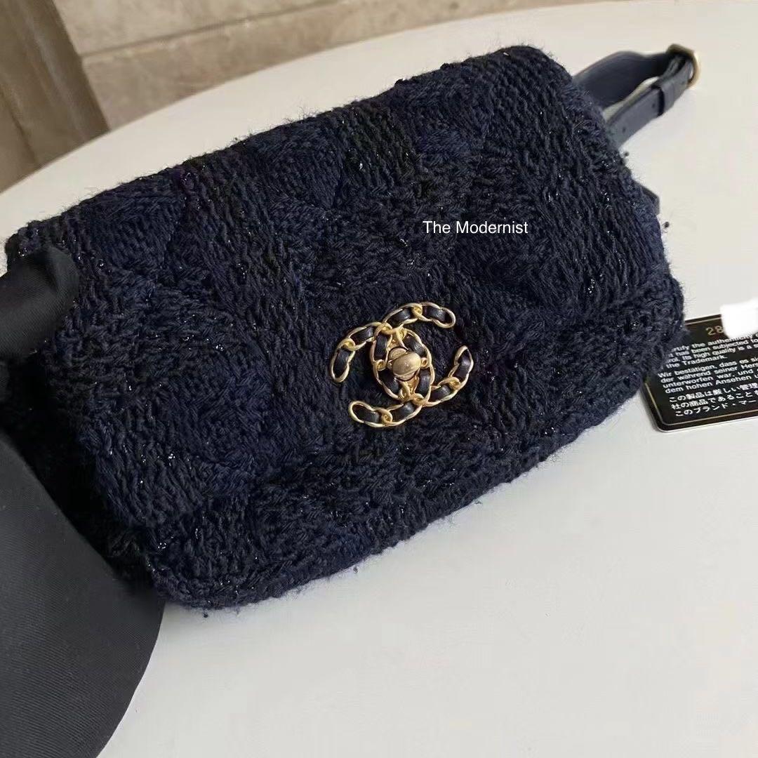 Authentic Chanel 19 Belt Bag Dark Blue Black Tweed Gold Hardware