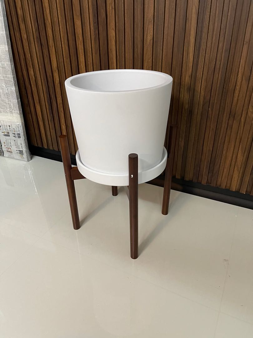 Large white ceramic pot with wood stand, Furniture & Home Living