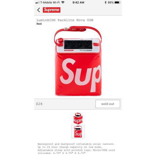 Supreme SS18 LuminAid Packlite Nova USB 露營燈防水usb充電, 傢俬