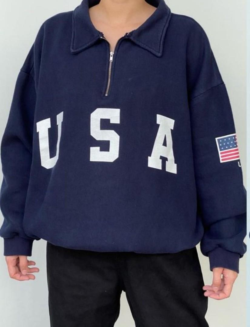 USA Half zip sweater sweatshirt pullover navy blue quarter zipper