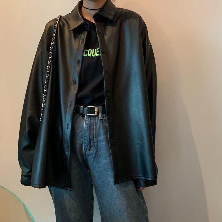 Y2K Grunge Fairycore Oversized Leather Jacket, Women's Fashion