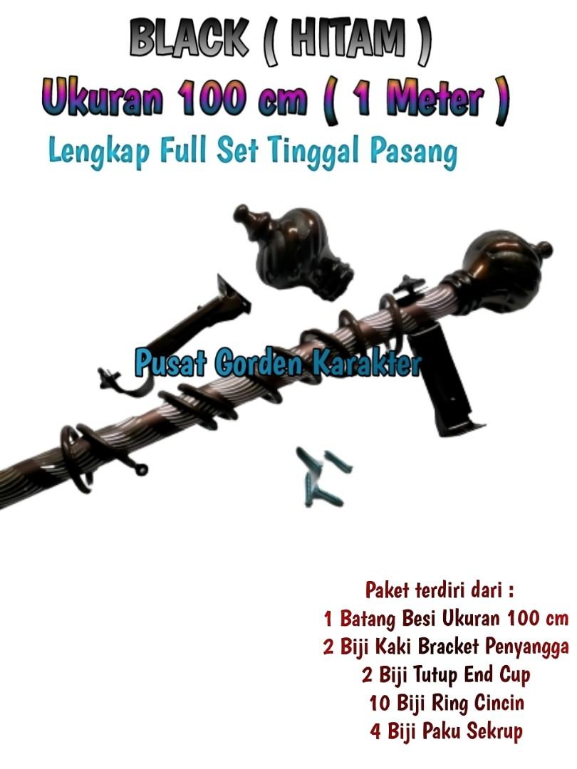 Besi Gorden atau Batang Gorden Bulat Rollet Crystal BLACK HITAM Ukuran 100  cm ( 1 Meter ) Lengkap full set tinggal pasang