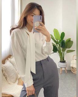 korean top off white front tie blouse import kemeja formal kerja korea kantor zara bershka pomelo love bonito blus