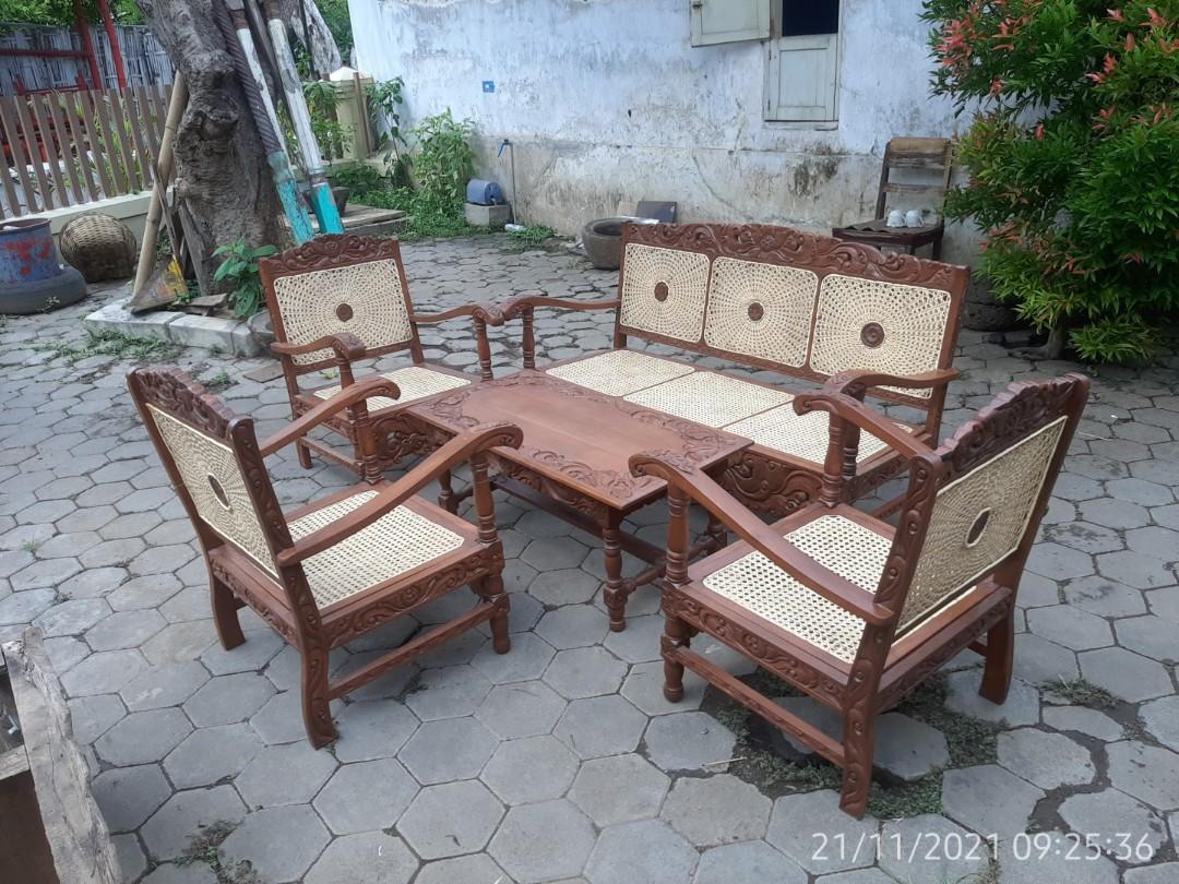 kursi tamu rotan ukir jadul antik