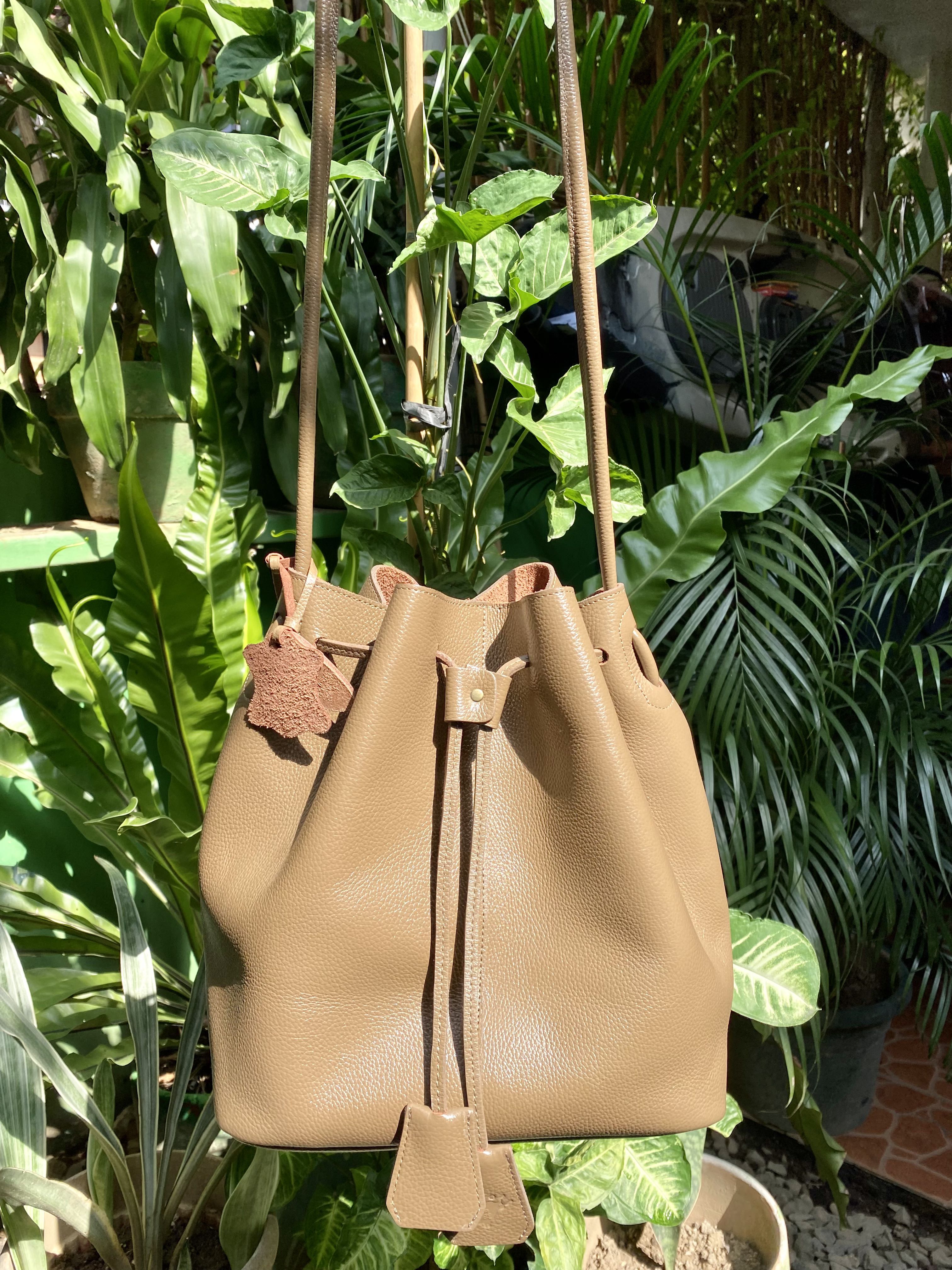 Our tribe large leather bucket bag tan in color, Women's Fashion, Bags