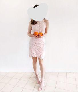 Pink Halter Lace Asymmetrical Dress