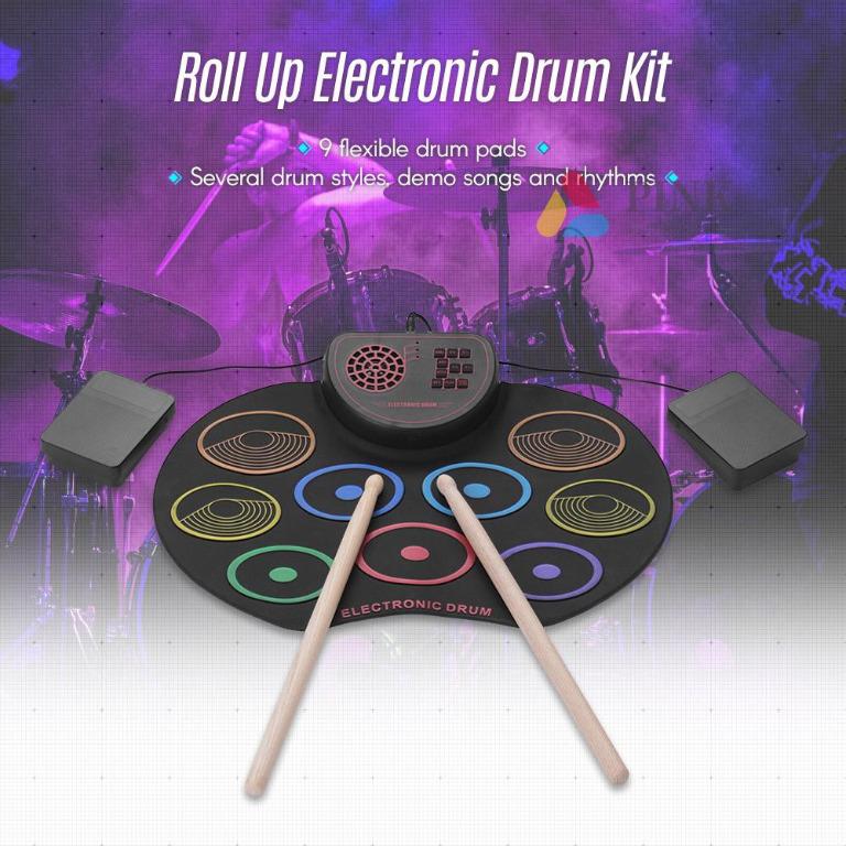 Ammoon Portable Electronic Drum Set - Ammoon Digital Roll-Up Touch  Sensitive Practice Drum Kit 9 Drum Pads 2 Foot Pedals for Kids Children  Beginners (No Speakers)