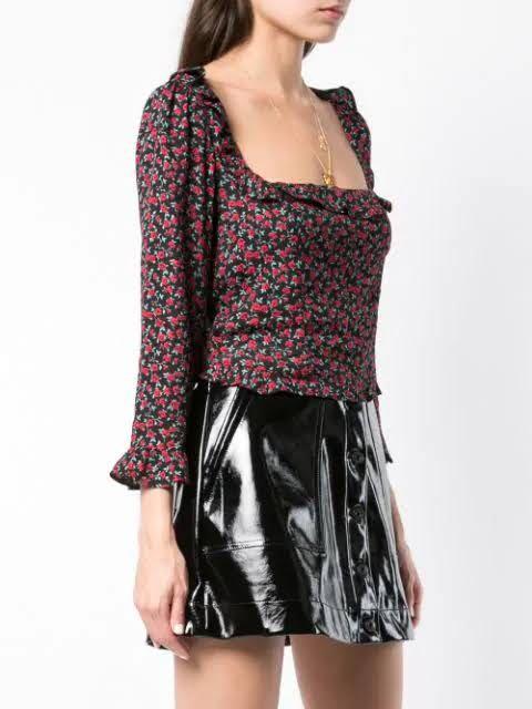 Reformation Barb Crop Top in Mabel (Category: Blouses) located in Cainta. Submitted by jilly_beans (Listing ID 1126985868, Image 3). Description: Product description: This is a slightly cropped top with a ruffle edged neckline, ruffle edged hem and 3/4 sleeves. Mabel is a floral print of roses and leaves. Bought at Nordstrom. Worn once then dry cleaned. Size 6 but honestly feels like a 4?.